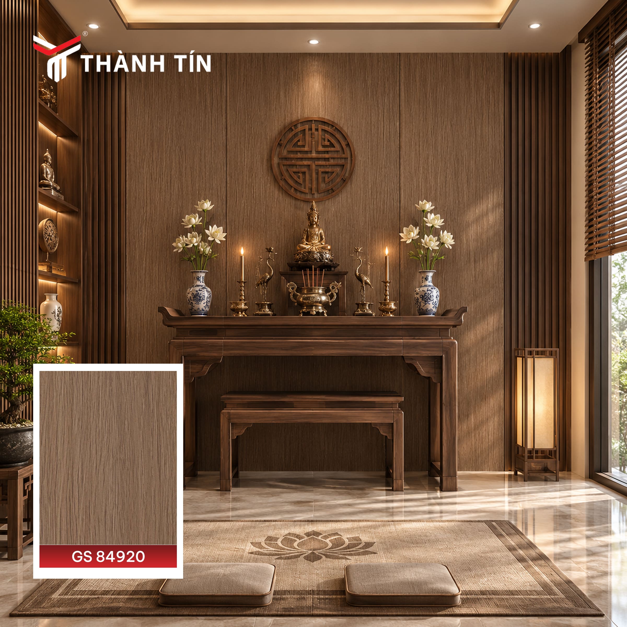 Tấm ốp vân gỗ phòng thờ tông gỗ đỏ, cánh gián - mã màu GS 84920